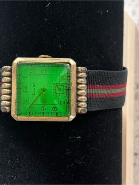 Elgin Men's Square Gold-Tone Watch with Green Dial and Black Strap